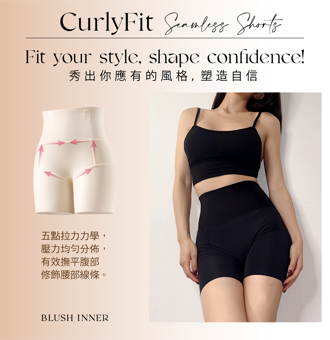 腰間五點拉力力學與壓力均勻分佈,貼薄無痕、彈性極佳、舒適運動可穿、輕盈貼身曲線修飾