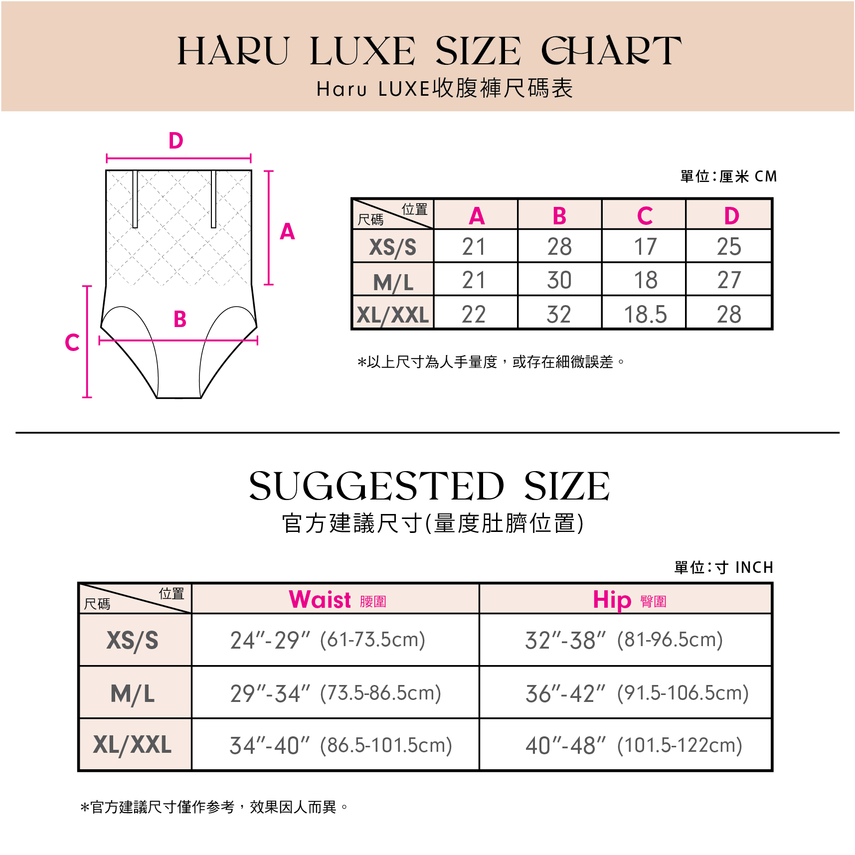 Haru LUXE 收腹褲尺寸建議表:XS/S、M/L、XL/XXL 建議體重與顏色