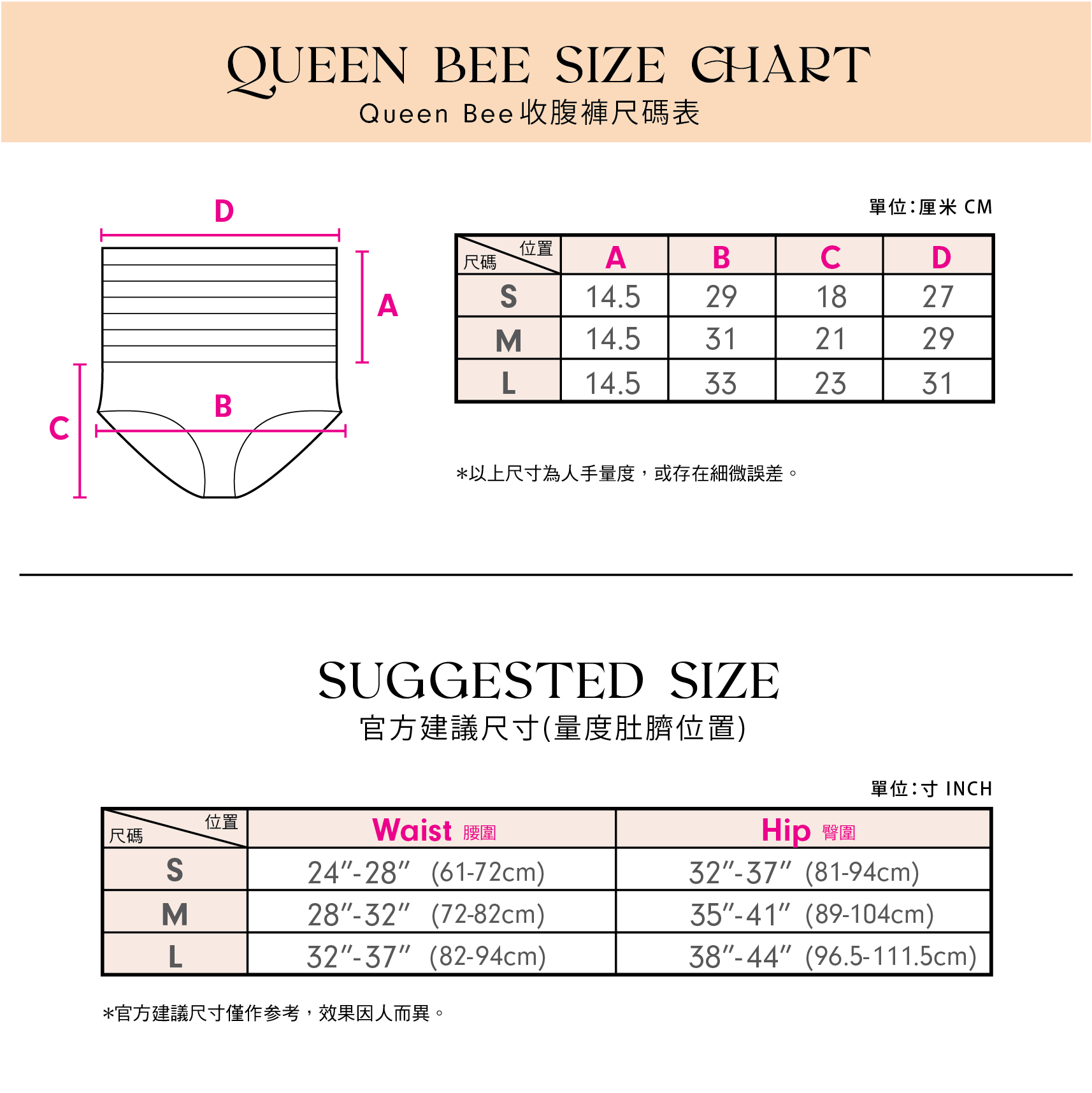 Queen Bee 收腹褲尺寸表：S、M、L 建議體重與顏色對照
