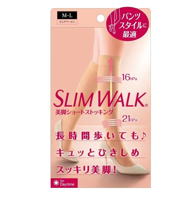 產品包裝盒: 僅顯示穿著裸色長筒著壓襪的腿部特寫