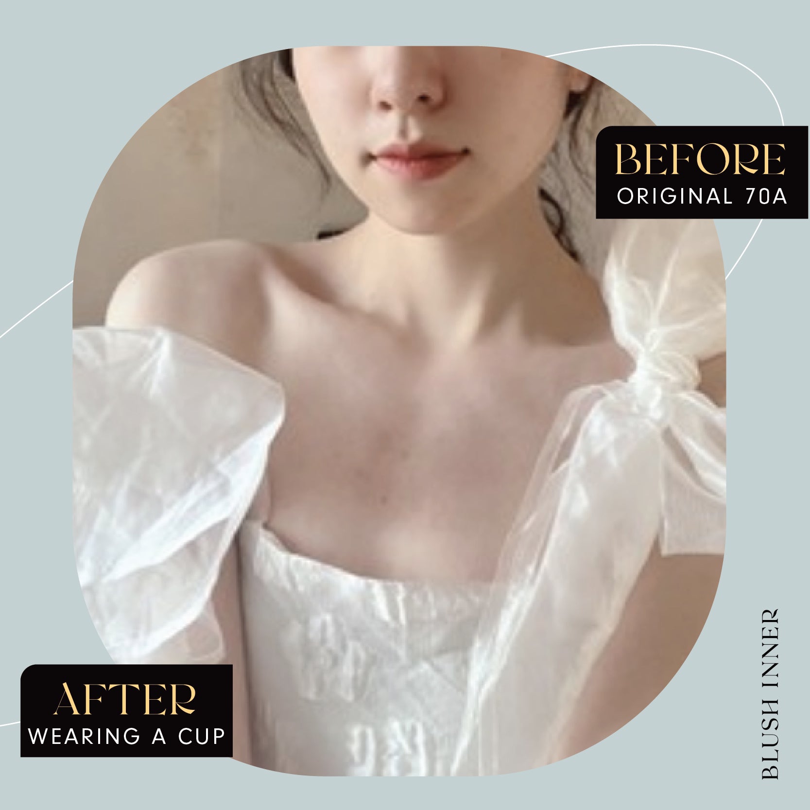 BEFORE 原本 70A；AFTER WEARING A CUP 穿上杯型後效果示意，Blush Inner